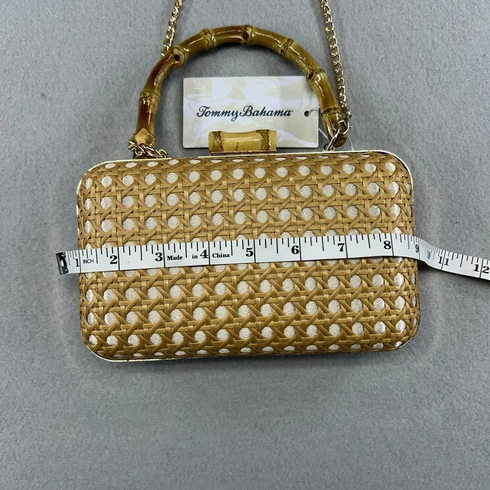 Tommy Bahama Woven Cane Bamboo Handle Clutch Bag Gold Chain Strap Tan White NEW